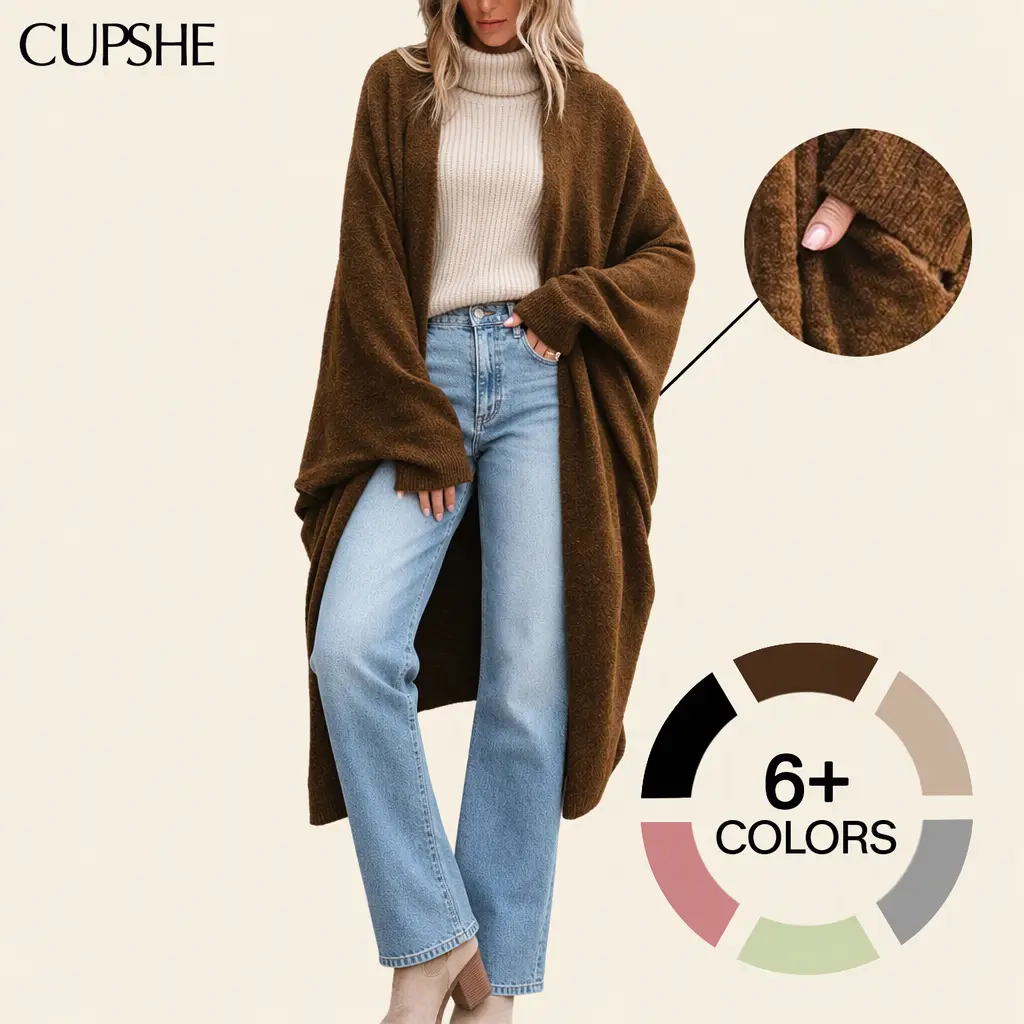 【Restocked】CUPSHE Women's Longline Duster Cardigan, Brown Loose Fit Open Front Knit, Batwing Dolman Long Sleeve, Lightweight Layering, Casual Fall Winter Cardigans for Women #outdoorfun