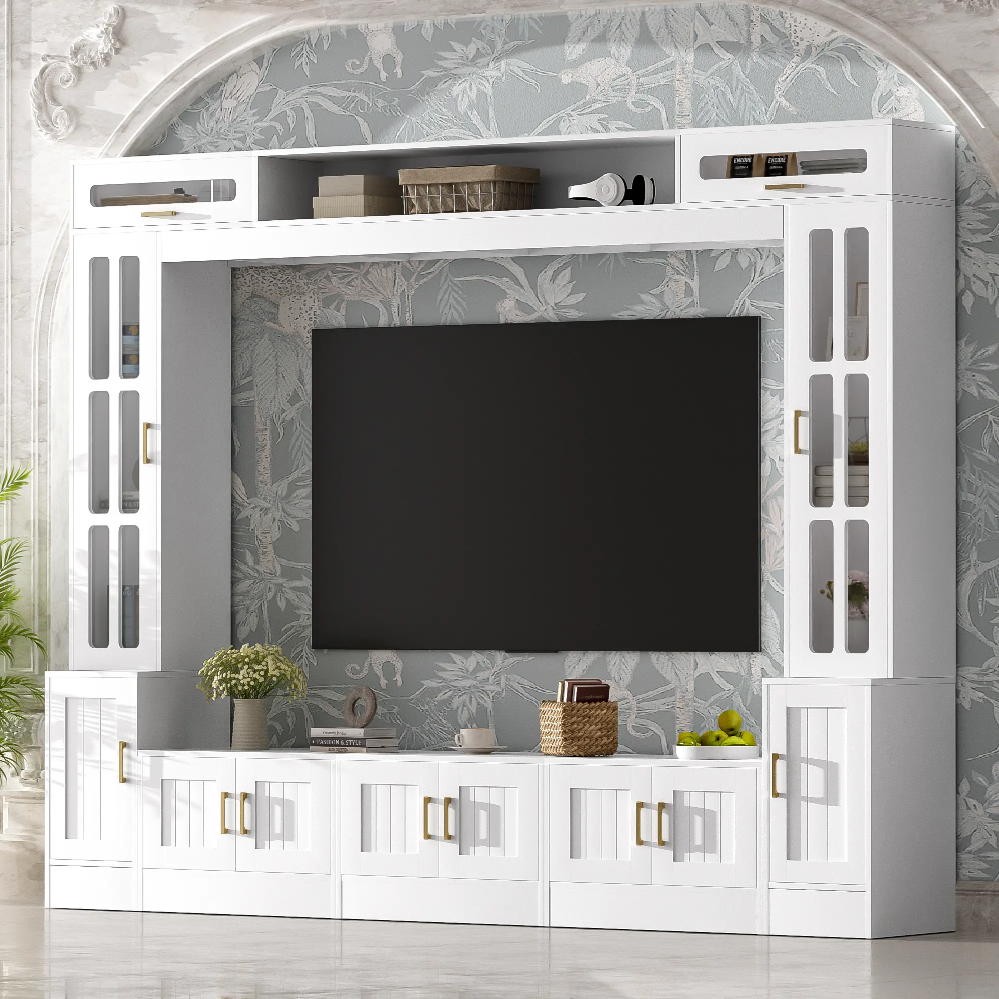 VIBE HAUS 98.4" Wall Unit Entertainment Center with Bookshelves for TVs up to 80", Modern TV Stand Media Console with Cabinets, Tempered Glass Doors, Adjustable Shelves, Living Room Furniture, Living Room Table for Sofa Side, Bedroom, Office