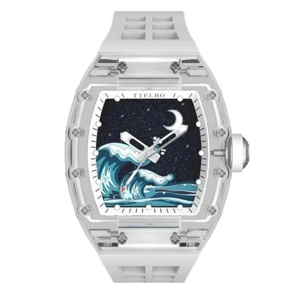 Men's Wave Motion Strap-Style Automatic Mechanical Watch - Transparent Glass-Look, Non-Battery, Designer-Style Fashion Watch T716M, Non-Battery Mechanical Watches, Designer-Style Mechanical Watches