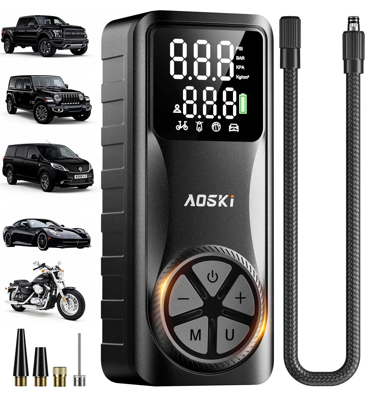 Tire Inflator Portable Air Compressor - Air Pump For Car Tires with Digital Pressure Gauge, LED Light and Auto Shut-Off Function - Cordless Pump for Car, Motorcycle, Bicycle, Ball