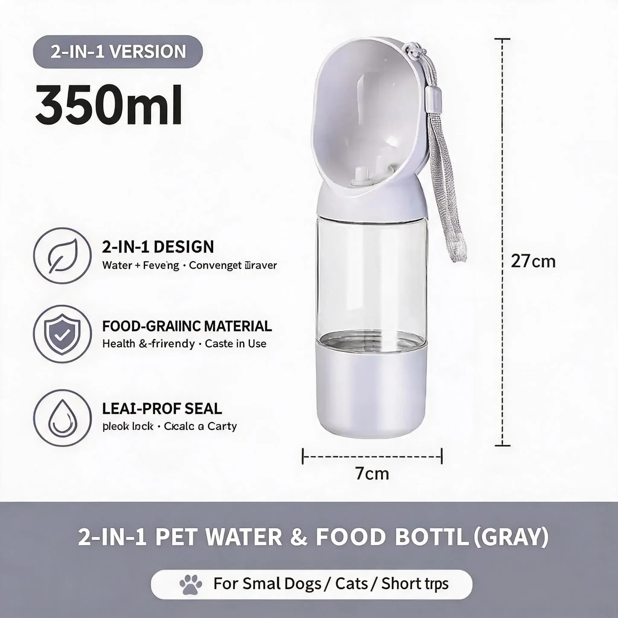 2-in-1 350ml Portable Pet Water & Food Bottle, Leakproof Travel Dispenser for Small Dogs & Cats, Outdoor Walks Hiking