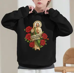Boys' Hooded Sweatshirt, Red with Saint Jude Thaddeus & Jesus Christ Graphic Print, Long Sleeve Casual Winter Warmth, Comfortable Fit, Christian Apparel for Church Events & Casual Attire