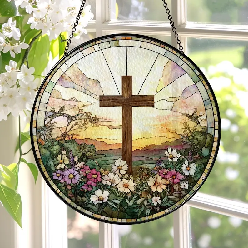 Stained Glass Cross And Wildflowers Suncatcher Christian Glass Window Hanging Flower Cross Religious Faith Gift Cross Christmas Home Decor
