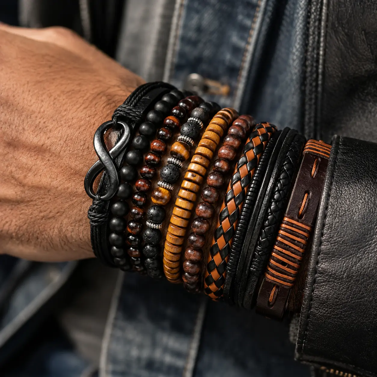 12-Piece Men’s Bracelet Set, Mixed Beaded and Leather-Look Wristband Stack with Infinity Charm, Braided Cord and Wood-Style Beads, Adjustable Casual Accessories for Everyday Wear, Birthdays and Gift Giving