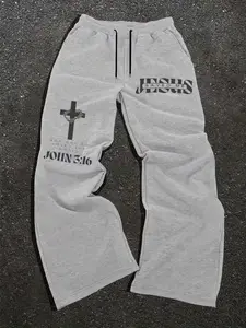 Men's Casual Sporty Long Pants, Cross Pattern Print, Drawstring Wide Leg, Loose-Fitting, All Seasons, Athleisure Style Bottoms, Cross Print Sweatpants, Men's Fashion Clothing