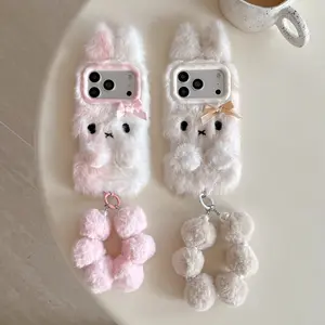 Gradient Plush Long-Eared Bunny Smartphone Case For iPhone14/15/16 Series | 3D Long Ears + Bowknot Decor | Soft Fur Full Cover + Polka Dot Lens Frame | Fall-Winter Outing Soft Cute Sweet Girl Style Cellphone Casing