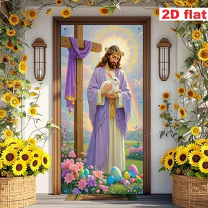 1PC,2D Flat Door Banner Easter Jesus - Themed Door Banner, Religious Festival Decoration Curtain, Christian Cross Rabbit Easter Egg Backdrop, Hanging Cloth for Home & Store Festival Atmosphere Dec
