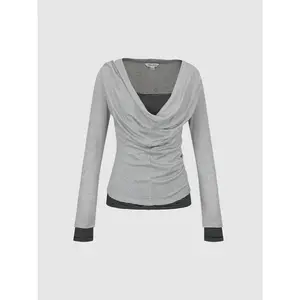 URBAN REVIVO 2026 Spring Women's Trendy Draped Neck Ruched Fake Two-Piece Panel Striped Lyocell T-Shirt