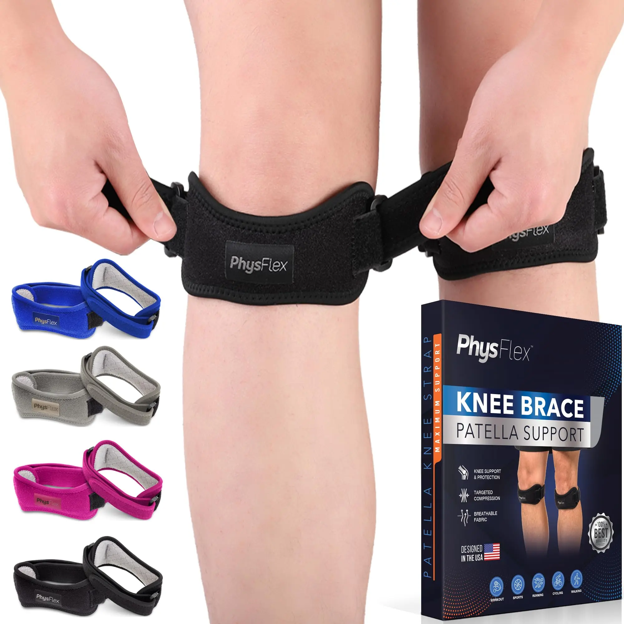 PhysFlex Patella Knee Brace 1 Pack - Knee Support and Pain Relief, Running, Hiking, Basketball, Jumpers Knee, Tendonitis, Adjustable Strap Patellar Tendon Stabilizer