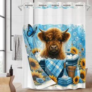 1pc 2D Flat hookless shower curtain with snap fastener and inner lining SunflowerBathtubCalf Waterproof inner lining shower curtain, transparent window, double-layer shower curtain, 71 x 74 inches, modern family curtain decoration
