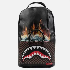 SPRAYGROUND BAG OF MONEY ON FIRE 910B7675NSZ - Shark Mouth Design Checkered Pattern Backpack
