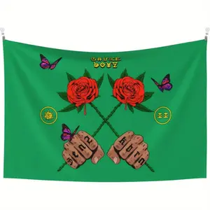 1pc Eladio Rapper Carrion Music Tapestry Wall Art - Vibrant Green Aesthetic Hanging Decor with Red Roses, Butterflies & Fist Design for Living Room or Bedroom, Musicthemed Decor | Vibrant Tapestry | Artistic Wall Hanging, Music Room Decor
