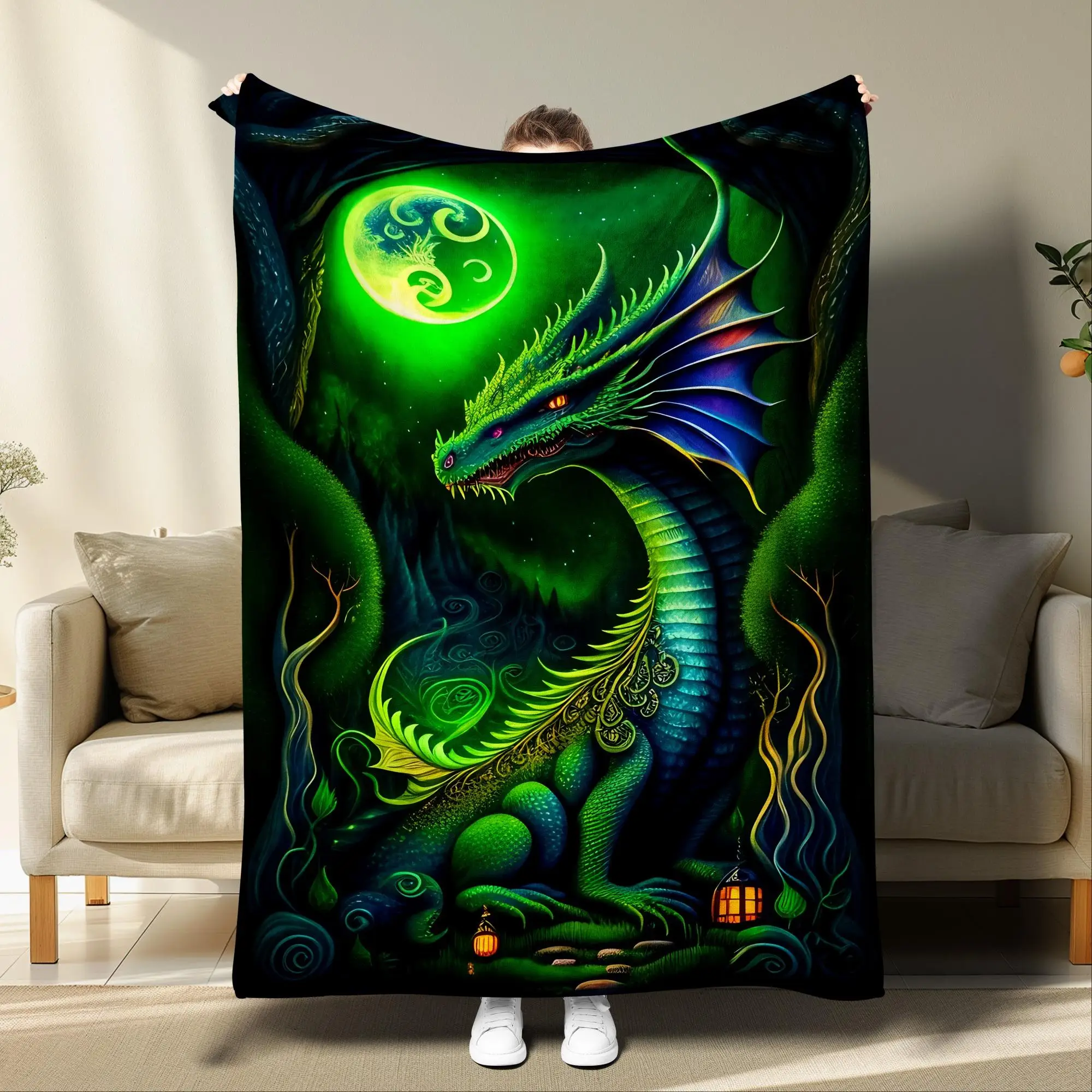 Dragon & Moon Pattern Throw Blanket, 1 Count Breathable Warm Napping Blanket, Soft Comfortable Blanket for Home Couch Bed Sofa Office School