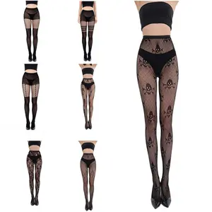 Black Fishnet Pantyhose for Women High-Waisted Halloween Skull & Spider Design Transparent Accessory 3114 Polyamide Elasticity Womenswear