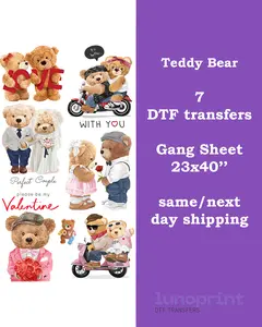 Lunoprint Teddy Bear Valentine's Day DTF Transfer Gang Sheet - 7 Transfers. 23x40" Ready To Press Premium Quality Full-Color Printing