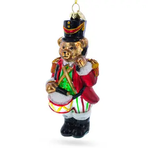 Teddy Bear Drummer Blown Glass Christmas Ornament