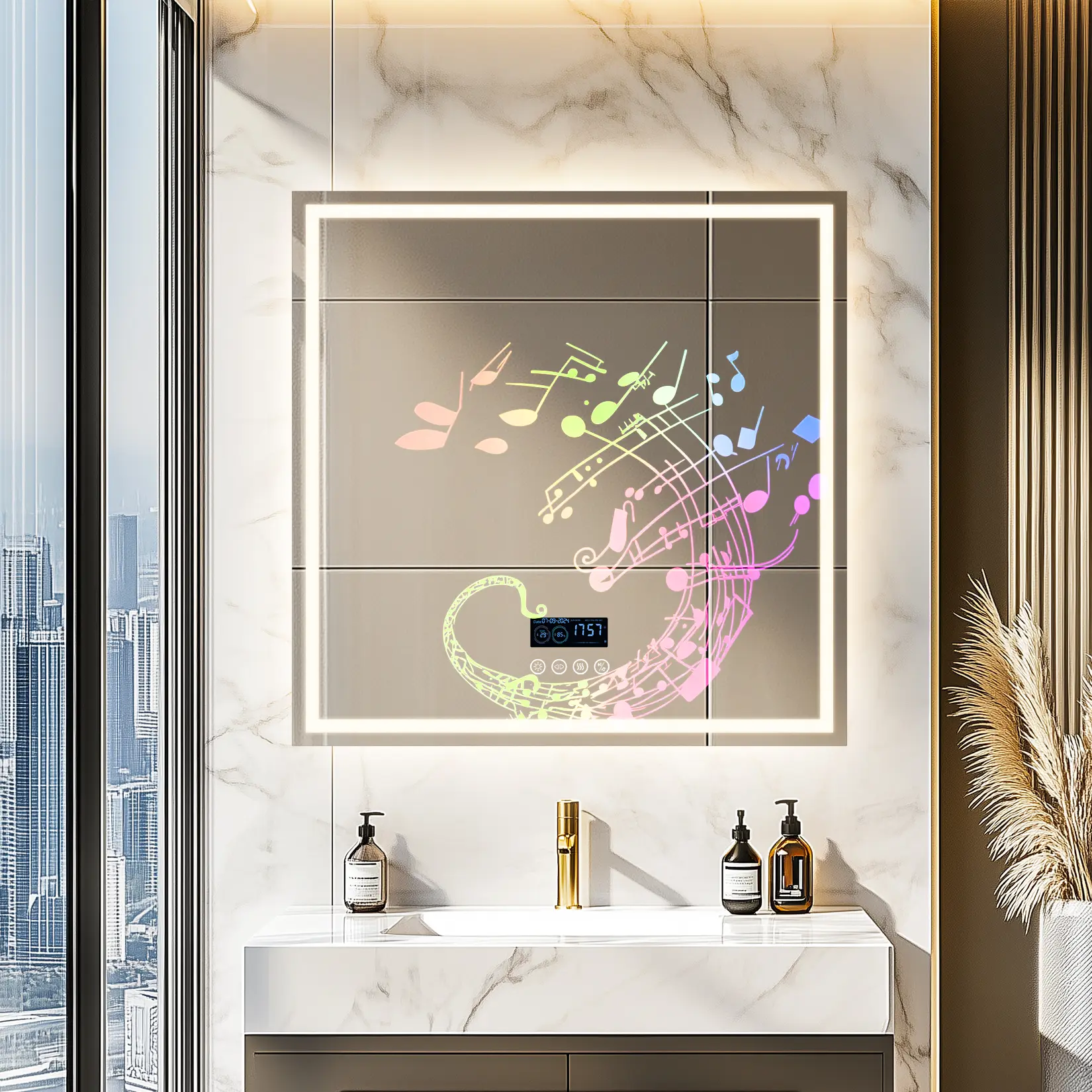 Dimmable Led Bathroom Mirror 32” x 32” Square Illuminated Bathroom Mirror with  Inner and Outer Light Strips, Bluetooth Speaker, Temperature, Defog