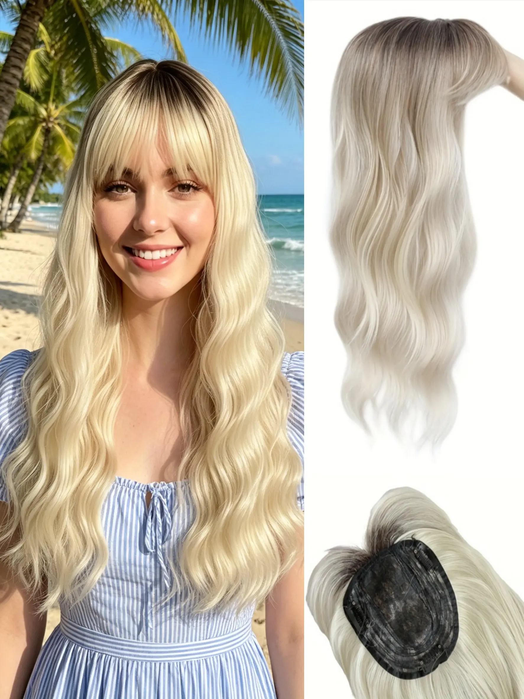💯Ombre Platinum Blonde Wavy Clip-In Hair Topper with Bangs Included, Premium Kanekalon, Synthetic Hair, Realistic Look & Natural Appearance & Soft Texture, Easy to Wear for Daily Use