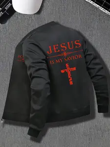 Men's Casual Zipper Jacket, Polyester Fabric, Jesus Is My Savior Print, Stand Collar Long Sleeve, Fall Winter Fashion, Zippered Jacket