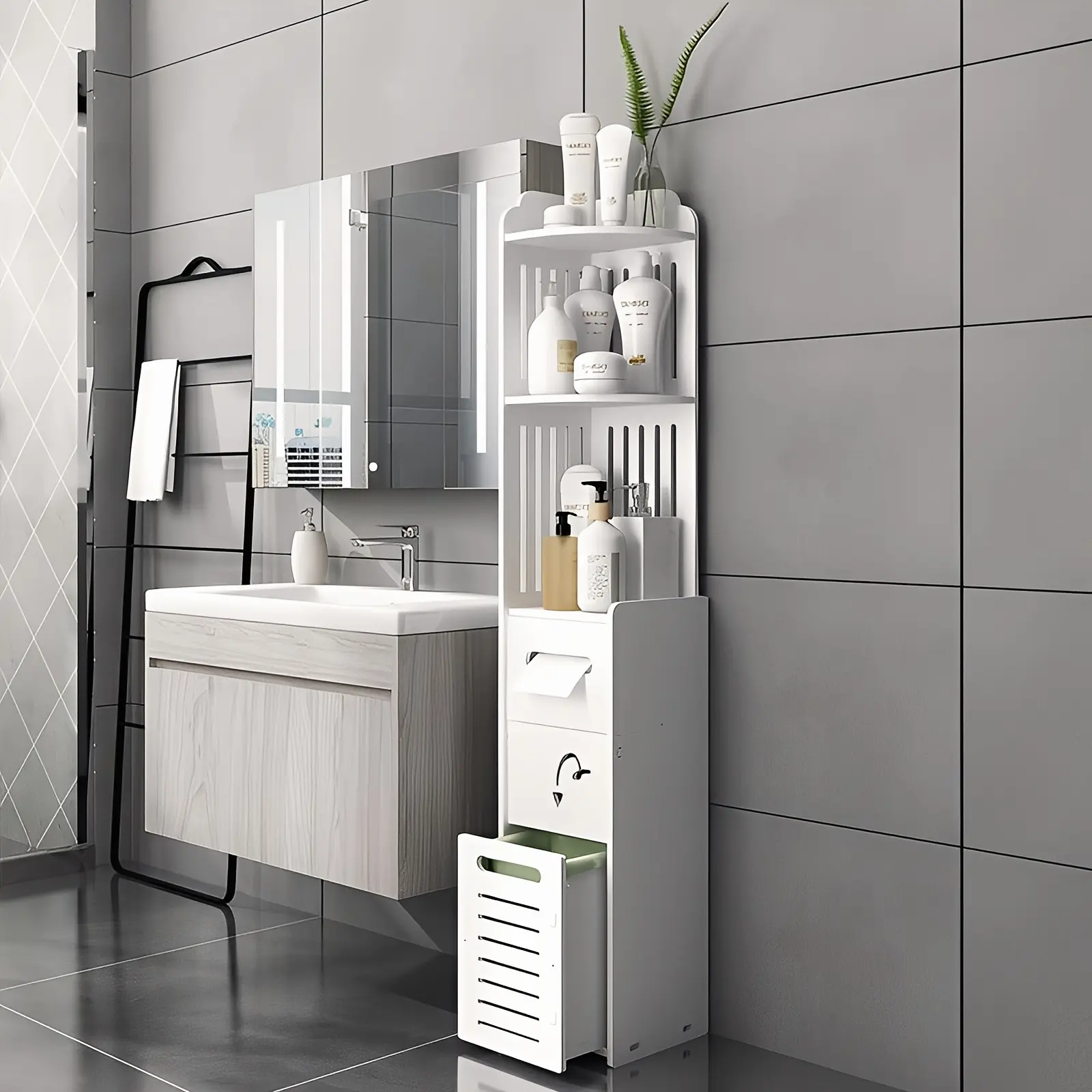Space-Saving Bathroom Cabinet, 1pc Waterproof Multifunctional Corner Bathroom Storage Cabinet, Freestanding Narrow Space-Saving Organizer with Toilet Paper Holder Stand, Holiday Gift And Home Accessory, Toiletry Organization, Easy Assembly