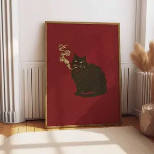 Black Cat Smoking a Cigarette Vintage Poster Art Retro Whimsical Print Funny Animal Wall Decor Poster for Bar Cart Quirky Kitchen Wall Art Unframed
