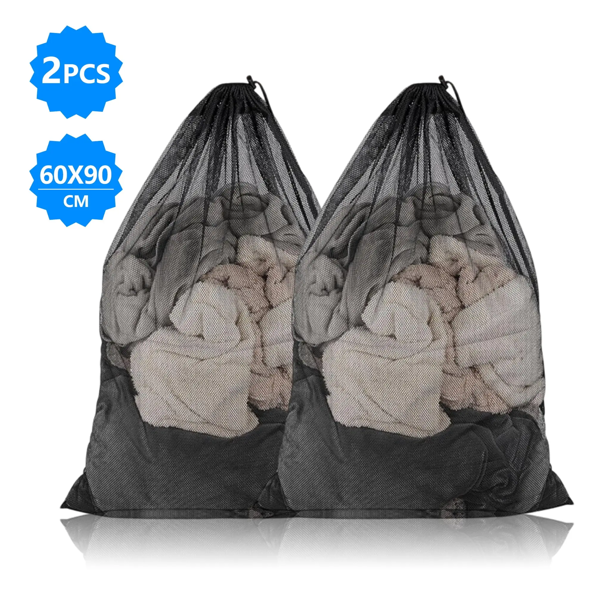 2-Pack Heavy-Duty Mesh Laundry Organiser Bags, 23x34 In Drawstring Bags for College Dorm & Family Home Laundry Supplies, Black