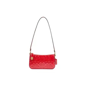 COACH Penn 21 Small Leather Shoulder Bag with Embossed Logo and Zipper Closure for Women in Red