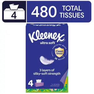 Kleenex Ultra Soft Facial Tissues 4 Flat Boxes 120 Tissues per Box 3 Ply Degradable Soft Comfortable Strong Absorbent Total 480 Tissues