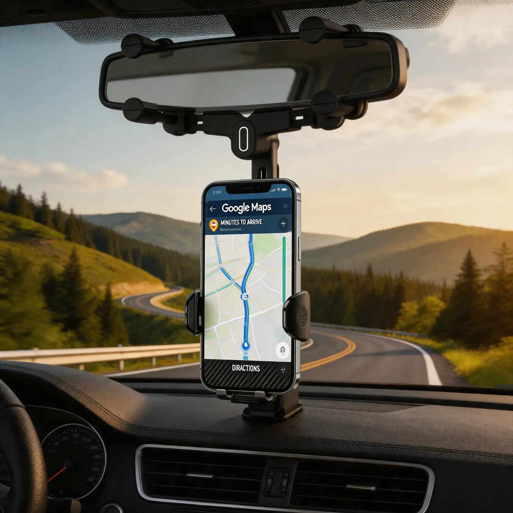 Phone Holder for Car Rearview Mirror, Adjustable Holder with 180° Rotatable Telescopic Arm, Upgraded 4-Clamp Stable Design, 1-Touch Lock, Fits 98% of Vehicles & 4-7in Phones, Multifunctional Car Accessories