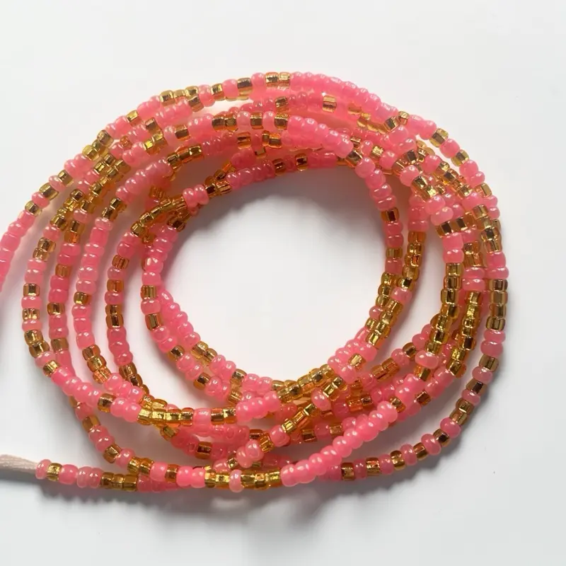 Waistbeads Waistbeads for Women, Pink and Gold Seed Bead Adjustable Waist Chain, Non-Pierced Body Chains for Parties (25-45 in), Fashion Body Jewelry, Seed Beads