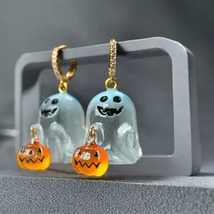 Halloween Themed Ghost & Pumpkin Design Dangle Earrings for Women & Girls - Cute Ghost Design Fashion Jewelry Accessories