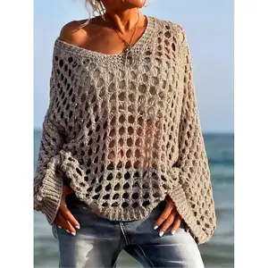 Women's casual everyday loose V-neck top, hollow-out design, polyester knit fabric, hand washable, suitable for all seasons, knit sweater