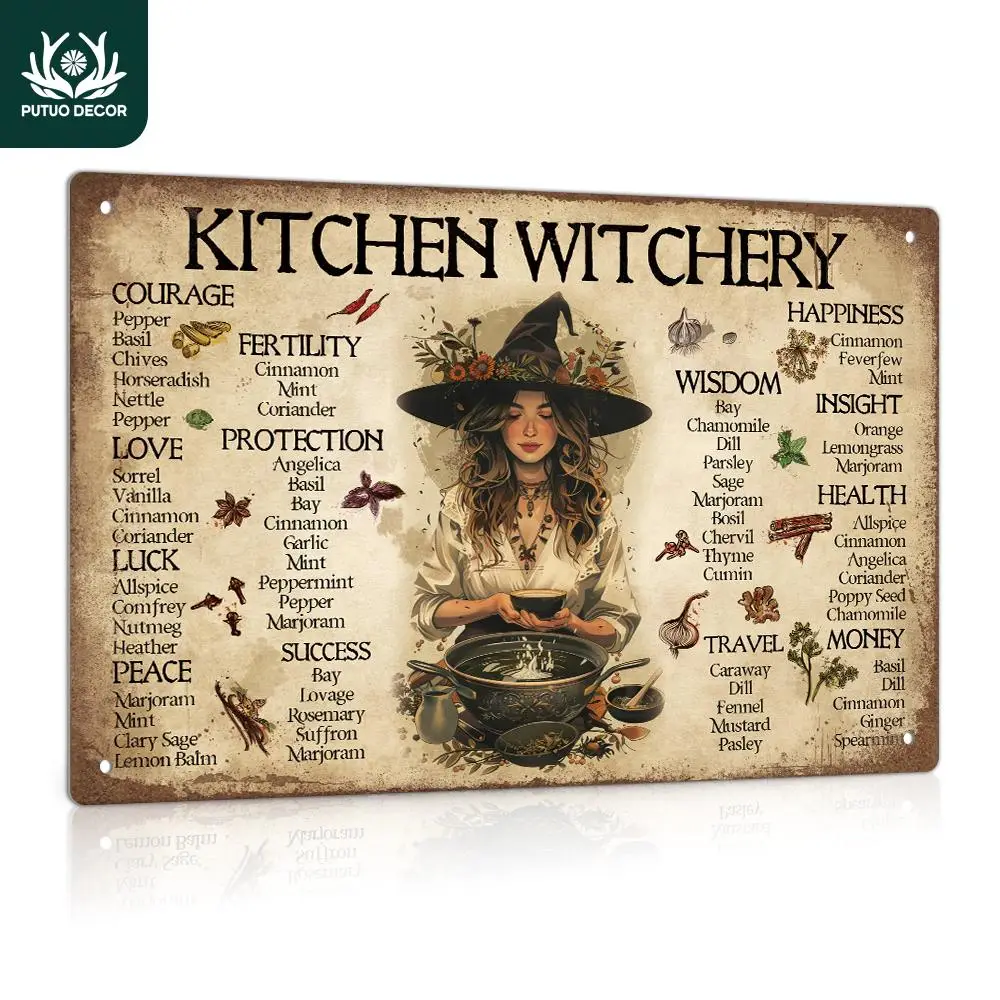 Vintage Kitchen Witchery Metal Tin Sign, 1 Count Kitchen Witchery Tin Sign, Wall Art Decor for Home Farmhouse, Wall Hanging, House Decor