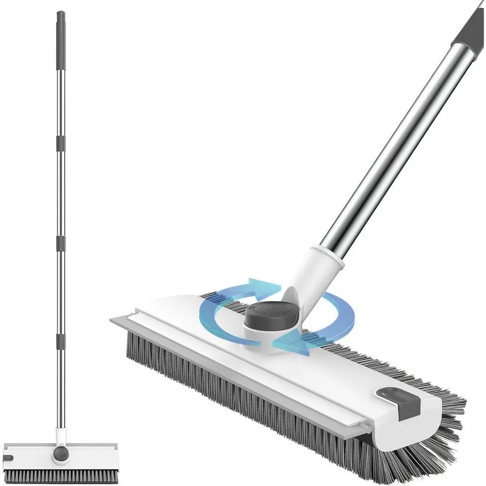 360 Multi-Angle Rotatable 3-in-1 Bathtub Floor Scrub Brush Adjustable Stainless Steel Rod Squeegee Attached, Durable Rigid Stiff Bristle Scrubber Daily Household Cleaning Supply for Bathroom Patio Garage Kitchen Wall Pool Balcony Deck White&Grey