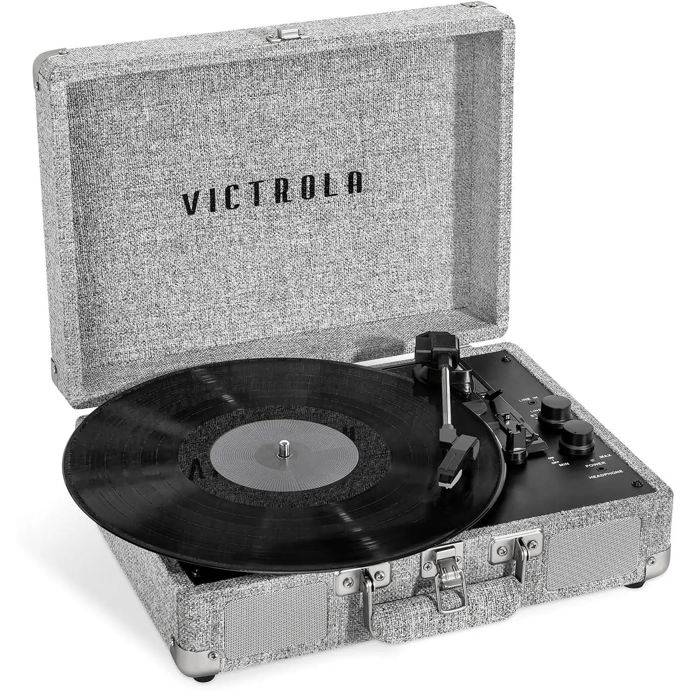 Portable Wireless Bluetooth Suitcase Turntable Record Player - Digital, Compatible with 7,10,&12-Inch Vinyl Records, 33/45/78 RPM, Anti-Skip, Auto-Stop, Built-In Stereo Speakers, RCA Output, Light Grey Linen Cover, Multi-Speed, Anti-Skid