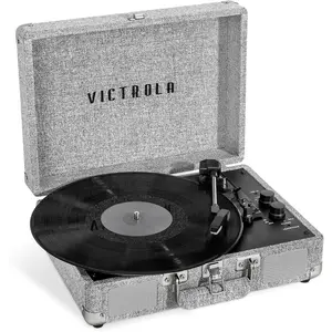 Portable Wireless Suitcase Turntable Record Player - 33/45/78 RPM, Anti-Skip, Auto-Stop, Bluetooth, Built-in Stereo Speakers, RCA Output, Light Grey Linen Cover