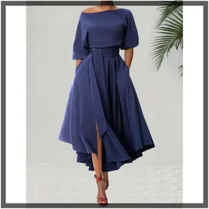 Women's Plain Belted Split Boat Neck Dress, Elegant Bishop Sleeve A Line Dress for Summer, Fashion Women's Dress for Daily Wear, Casual Dresses