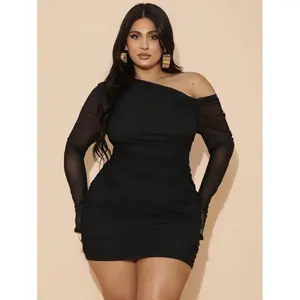 Plus Size Women's Black Asymmetrical Neck Long Sleeve Ruched Net Bodycon Dress, Sexy Suitable For Casual, Outing, Date, Afternoon Tea, Vacation, Spring/Summer,Coachella Outfits,Nashville Outfits,Beach Outfits For Woman,Mesh Dress,Brunch Outfits For Wo