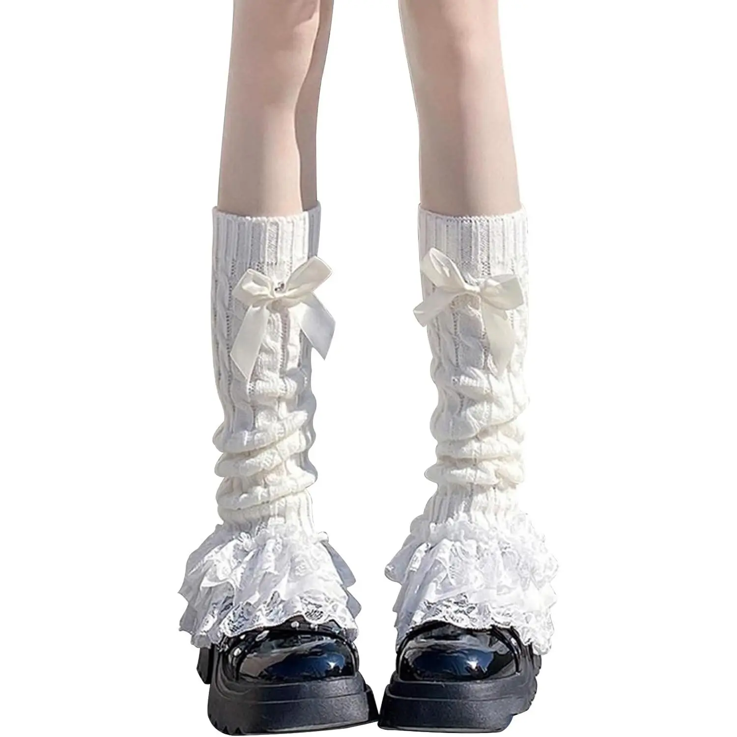 Women's Knit Leg Warmers Y2K Bow Lace Trim Knee High Leg Sleeve Socks for Lolita Costume Party Accessory