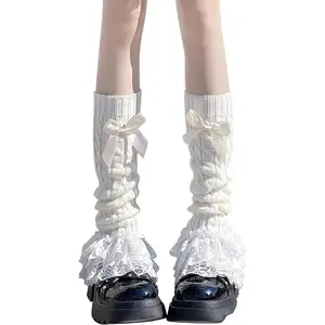 Women's Knit Leg Warmers Y2K Bow Lace Trim Knee High Leg Sleeve Socks for Lolita Costume Party Accessory