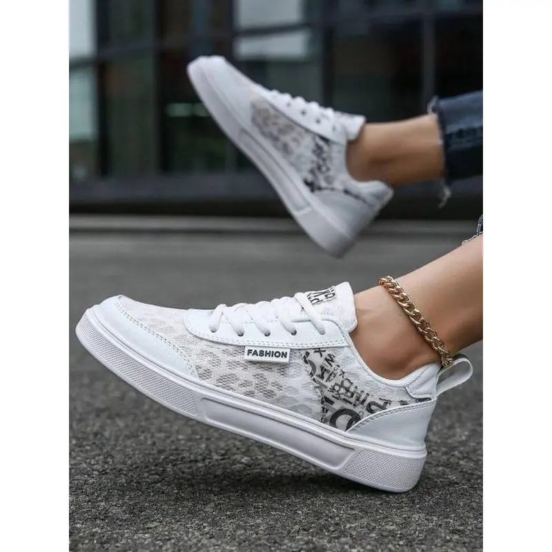 Women's 2025 Casual Sporty Sneakers - Letter & Leopard Patchwork, Lace-Up, Contrast Mesh Breathable Round Toe, Comfortable Designer Workout Skate Shoes