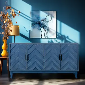 Retroy Vintage 60" Navy Blue 4-Door Credenza Cabinet - Large Storage Buffet with Striped Doors, MDF Frame, Solid Pine Legs, Adjustable Shelves, Easy Setup for Dining Room, Living Room, Solid Legs
