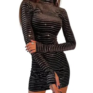 Shimmering Long Sleeve Black Velvet Dress Casual Womenswear Gorgeous Turtleneck Women cocktail party