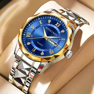 Men's Luxury Two - Tone Gold - Accented Stainless Steel Watch, Blue Sunray Dial with Roman Numerals, Date Display, Elegant Quartz Wristwatch for Business & Formal Events choice trendy