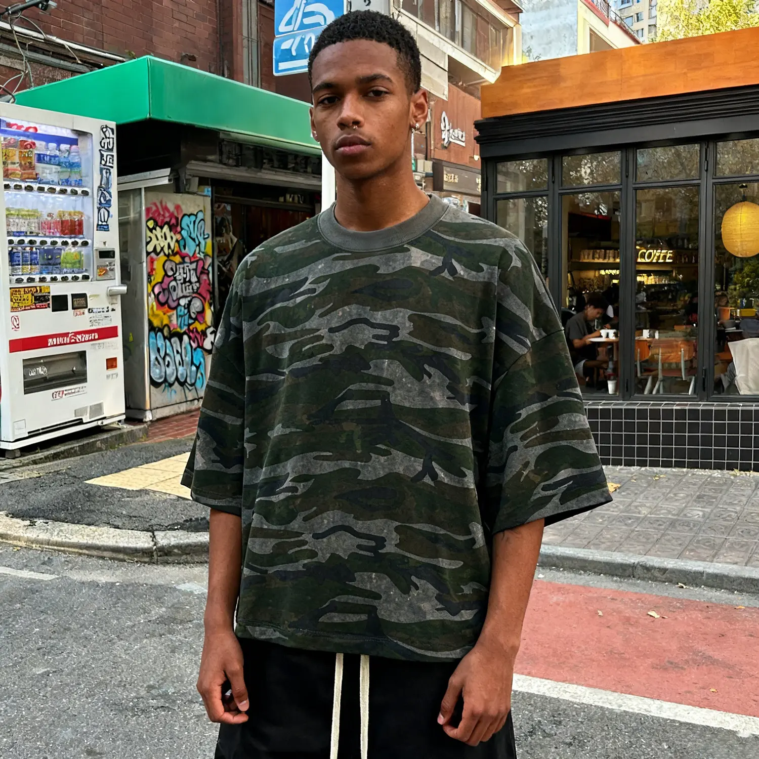 Inflation Men's Cropped Boxy Loose Fit Crew Neck Camouflage Cotton