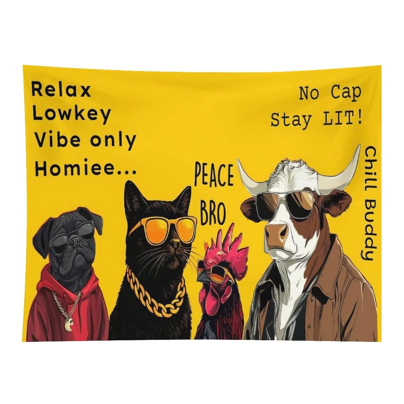 Yellow Background Cool Streetwear Animal Gang Chill Vibe Text Wall Tapestry Wall Hanging, Hip Hop Dog Cat Rooster Cow Sunglasses Meme Decor for Teen Boys Gaming Dorm Ornament