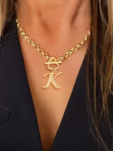 Women's Zirconia Initial Pendant Necklace, Heart Clasp Design, Stainless Steel Chain, Fashion Jewelry for All Seasons