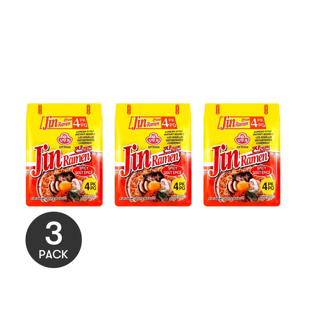 OTTOGI Korean JIN Ramen Spicy Flavor - 3 Packs, 480g Each | Authentic Korean Instant Noodles