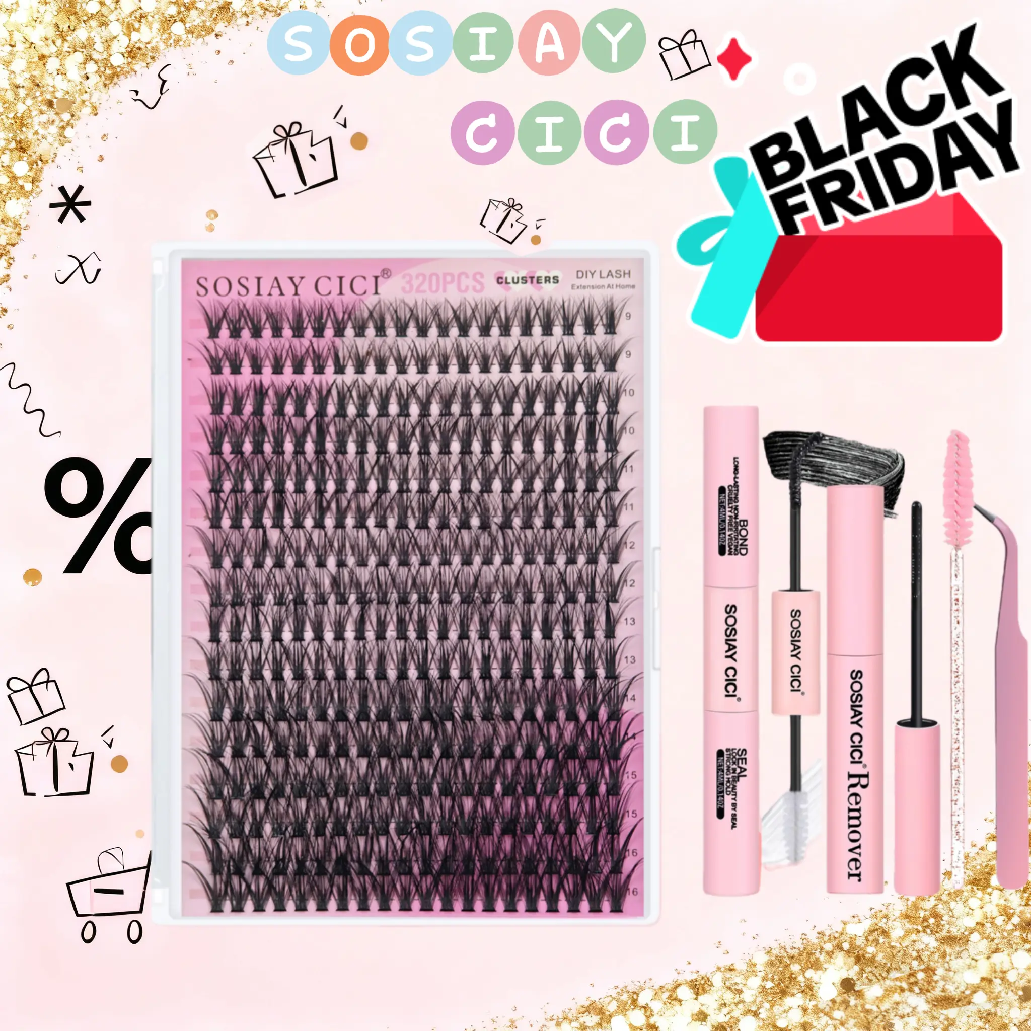 320PCS Individual Lashes Clusters DIY Lash Extensions Kit, 9-16mm MIX 40D Fluffy and Natural False Eyelashes, Wispy and Volumn, with Lash Bond and Seal, Tweezers, Glue Remover, Easy Use Practice At Home TikTokBlackFriday Christmas cometic eye makeup Cosme