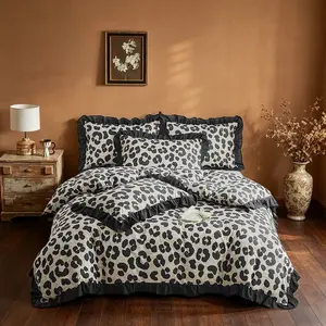 2/3 Counts Leopard print duvet cover set with black ruffles, featuring a smooth zipper and corner straps. Romantic bedroom decoration, breathable comfortable bedding. No filling, includes matching pillowcases. holiday or birthday gift, all seasons.
